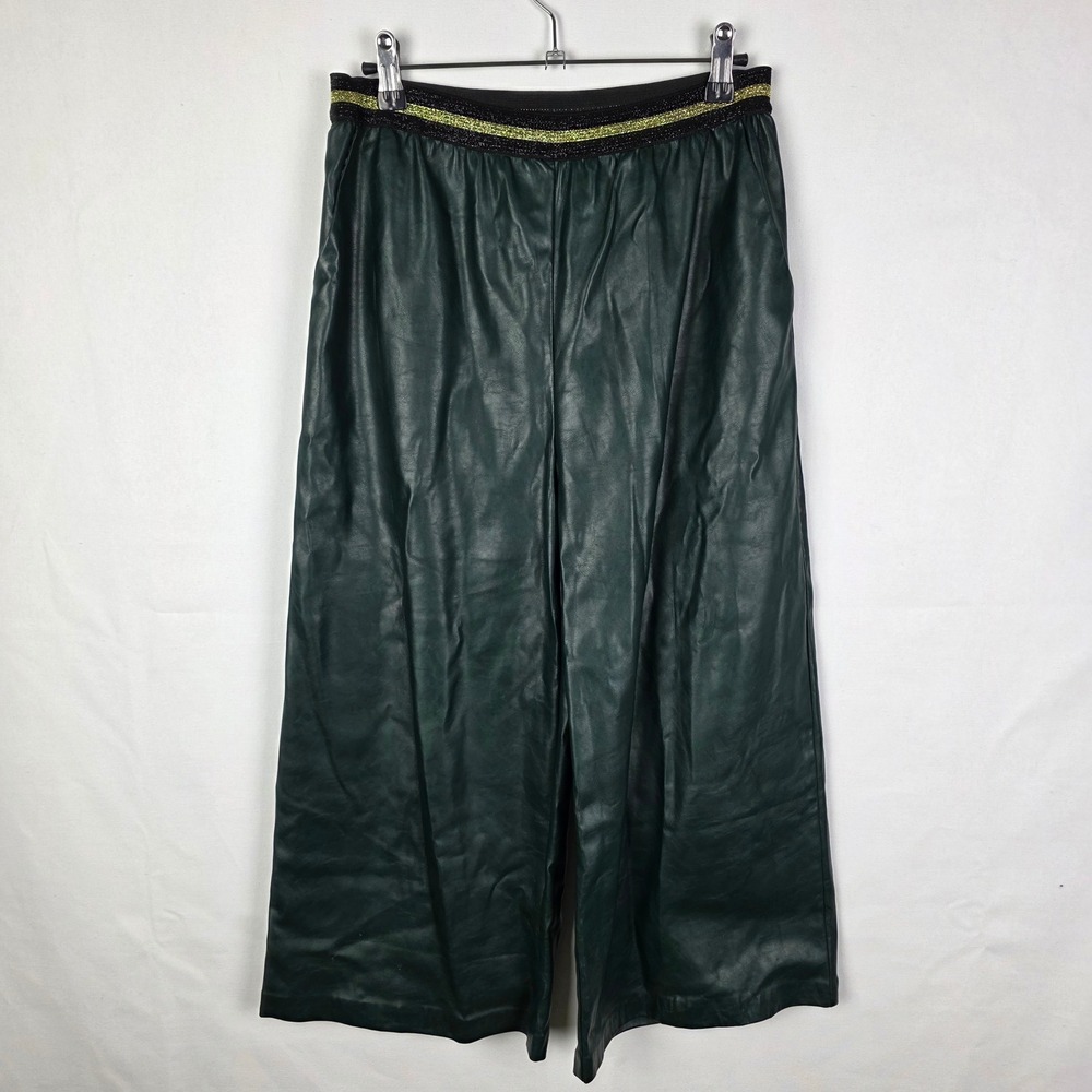 SUNCOO Paris Faux Leather Wide Leg Cropped Pants Emerald Green Size Medium artsy